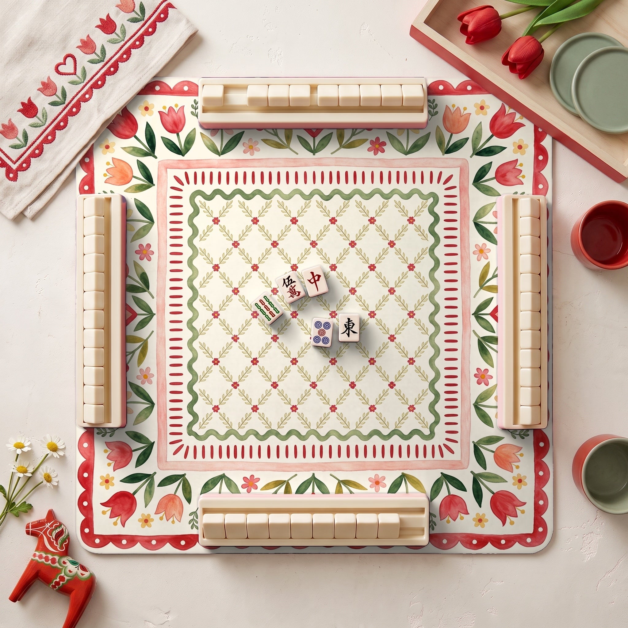 Tulip Heart Folk Mahjong Mat — hero