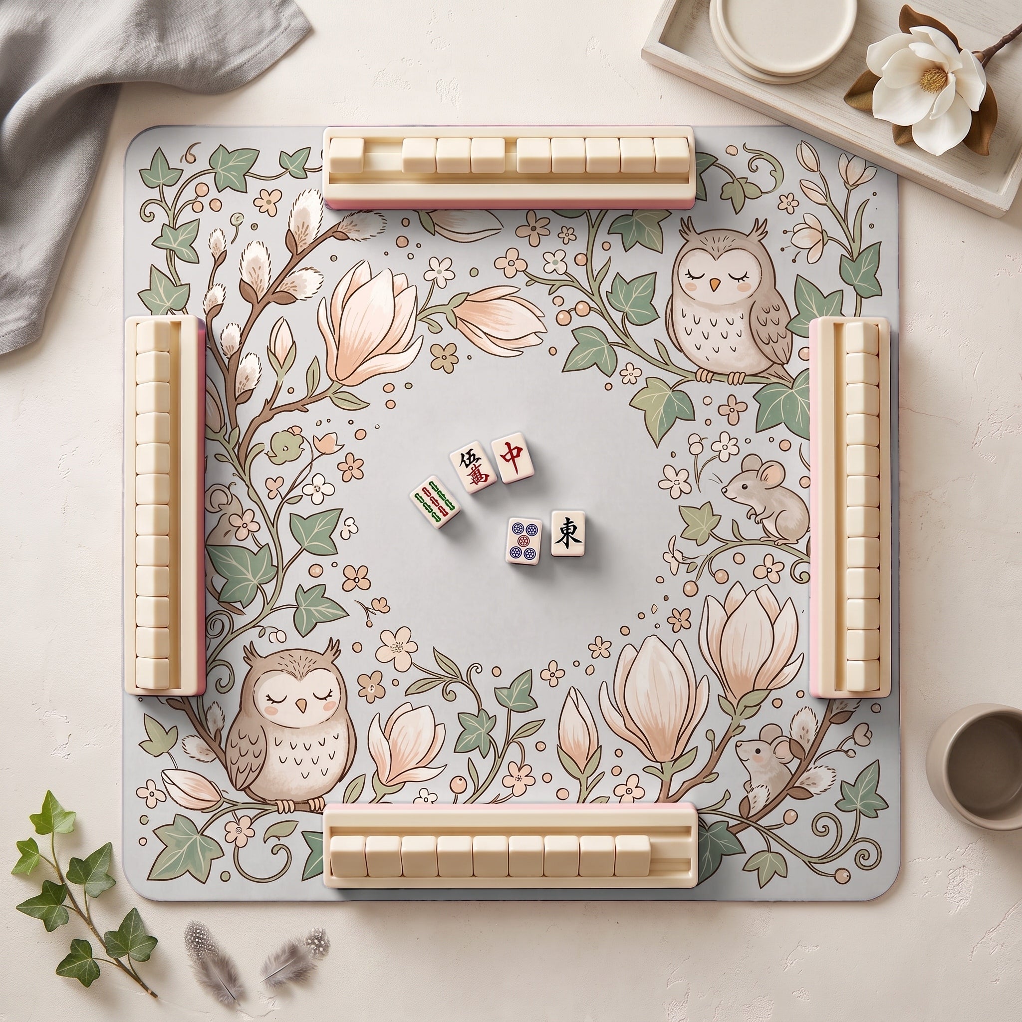 Owl Magnolia Mahjong Mat — hero