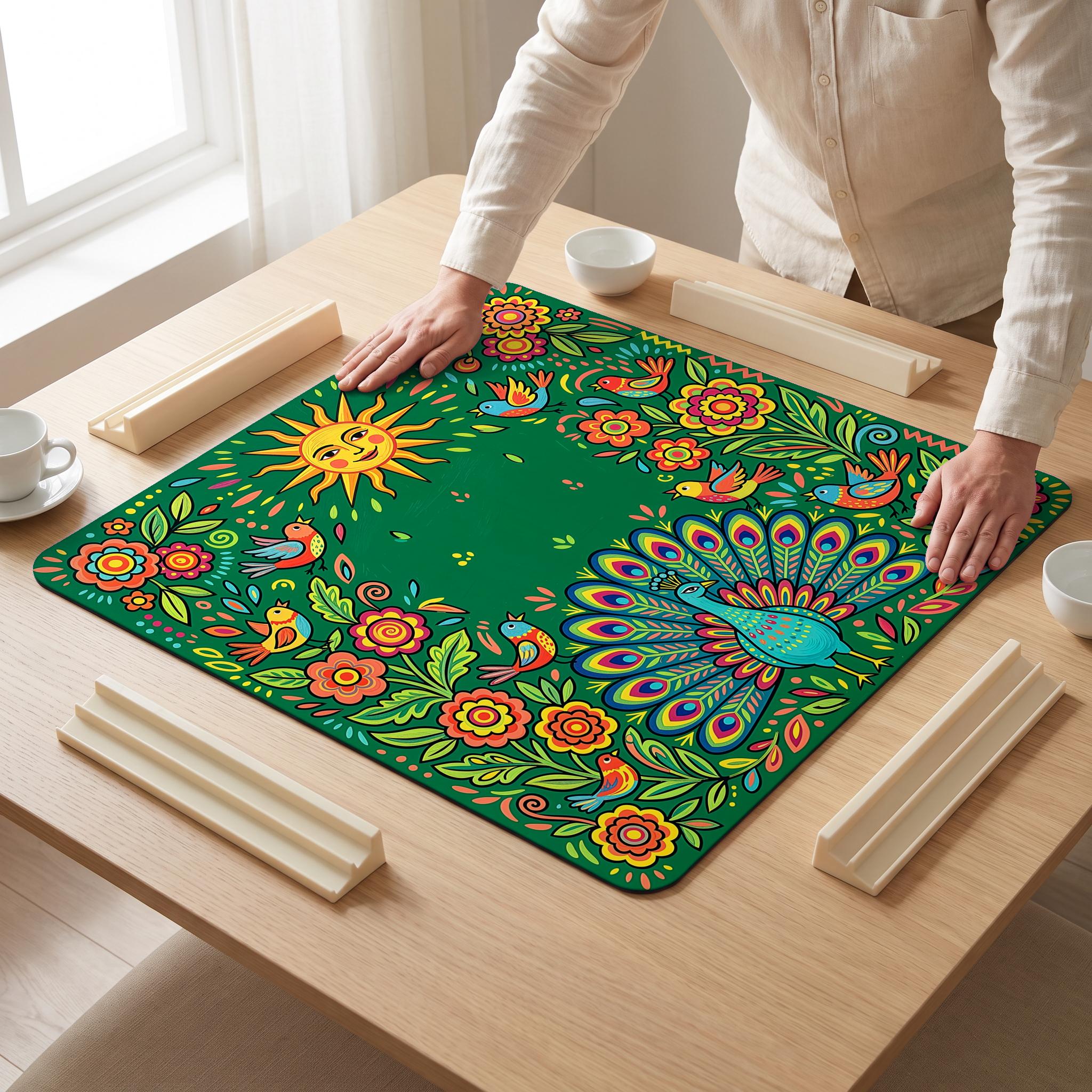 Folk Sun Peacock Mahjong Mat — hands unrolling