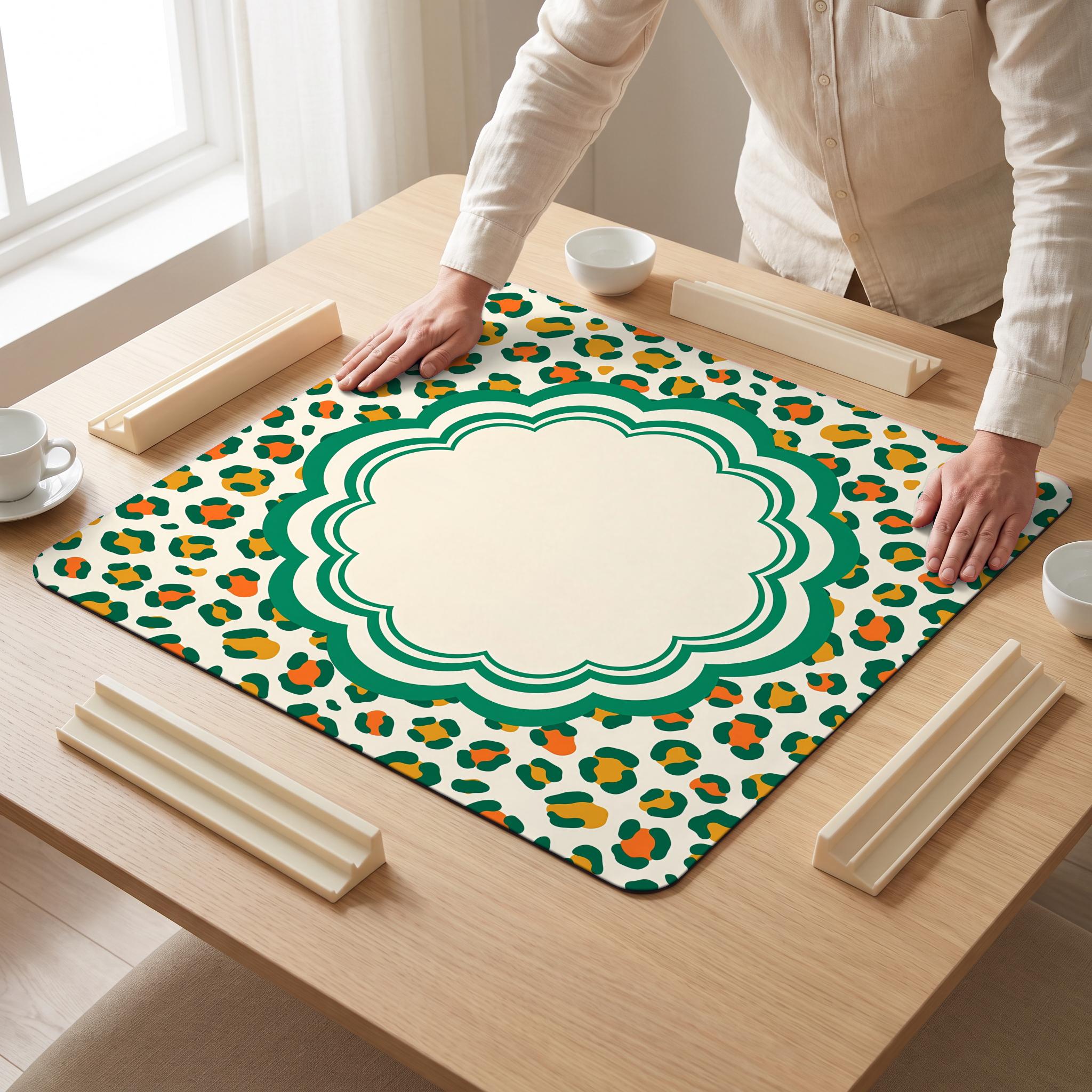 Leopard Medallion Mahjong Mat — hands unrolling