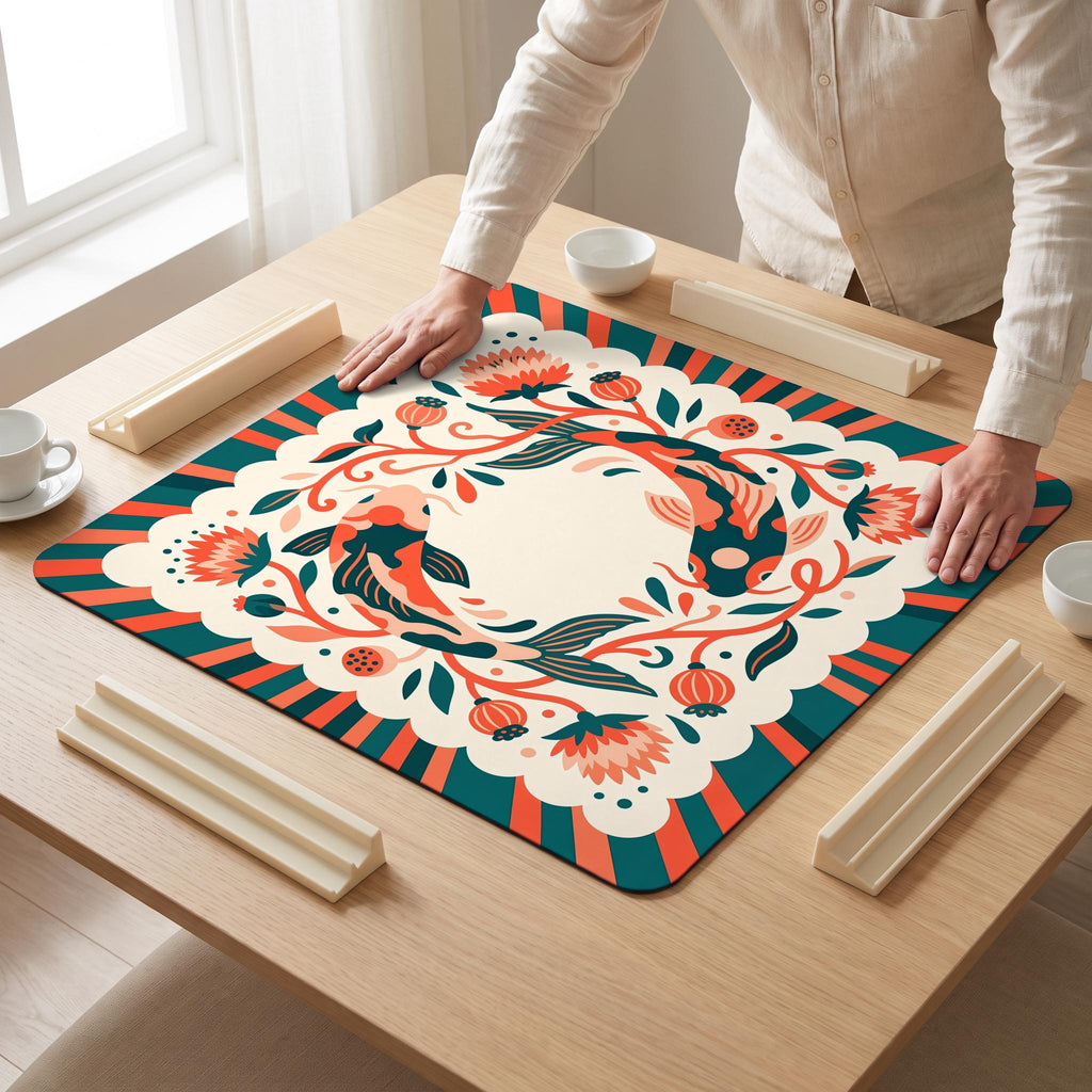 Koi Circle Mahjong Mat — hands unrolling
