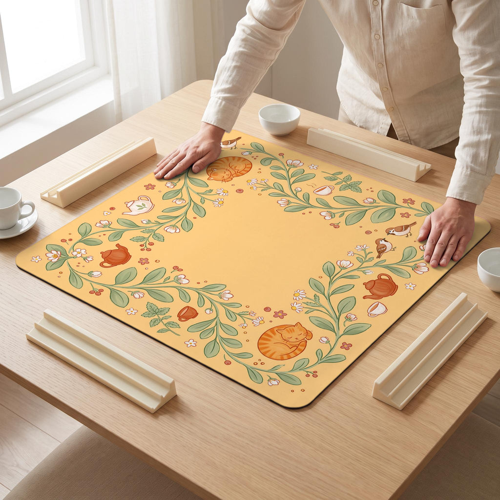 Teatime Cats Mahjong Mat — hands unrolling