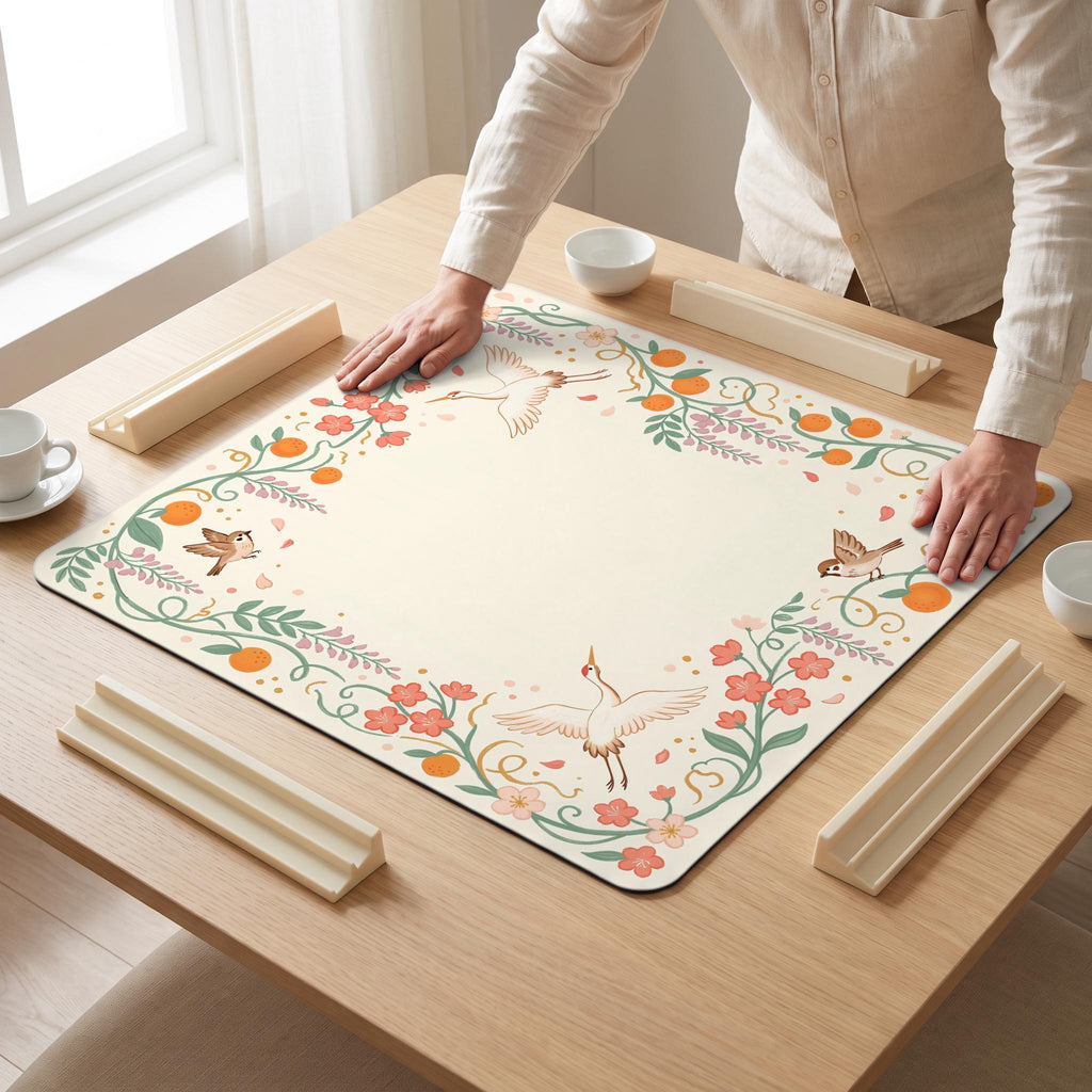 Crane Wisteria Mahjong Mat — hands unrolling