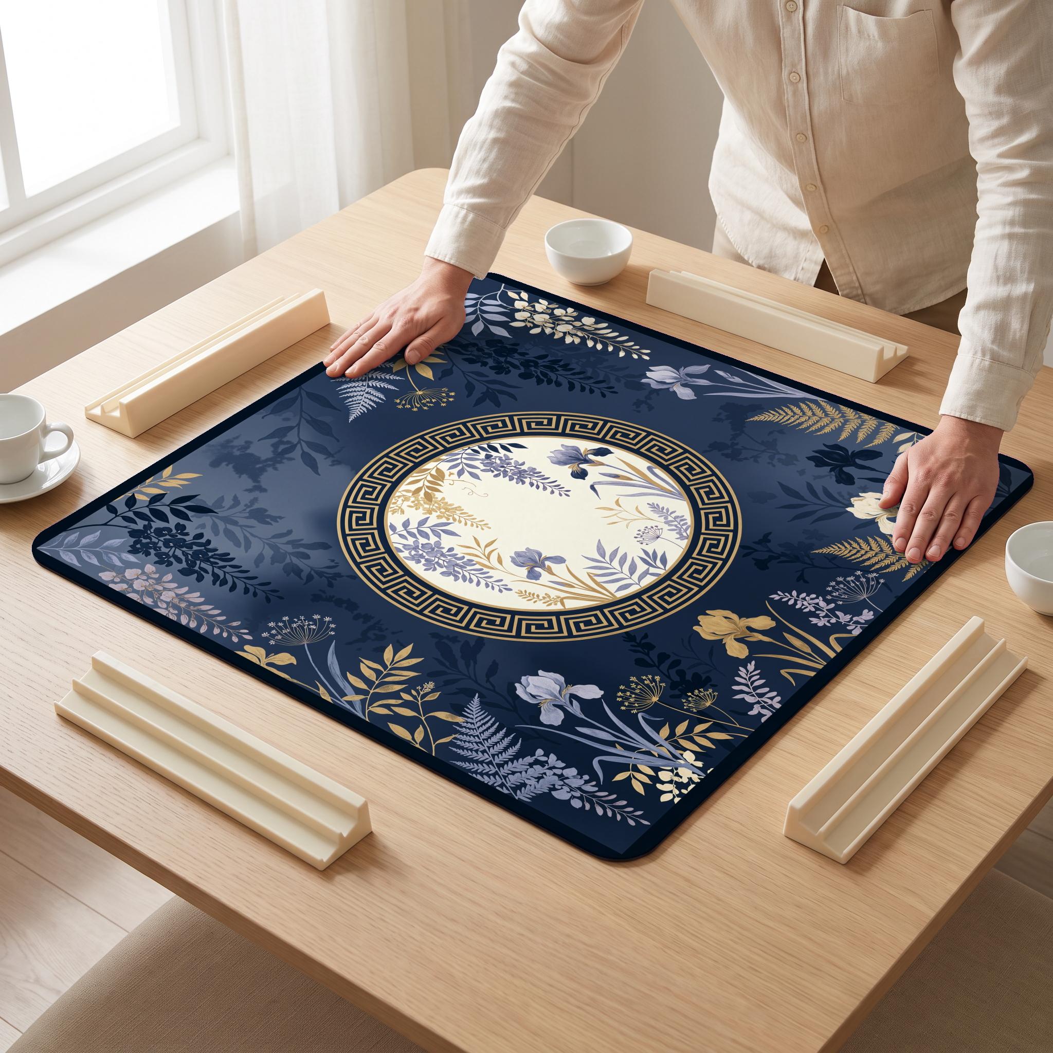 Navy Wisteria Mahjong Mat — hands unrolling