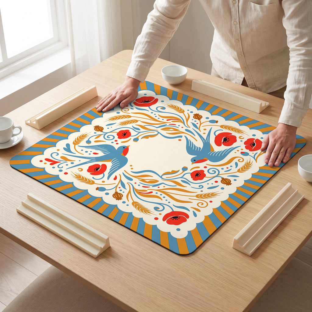 Swallow Poppy Mahjong Mat — hands unrolling