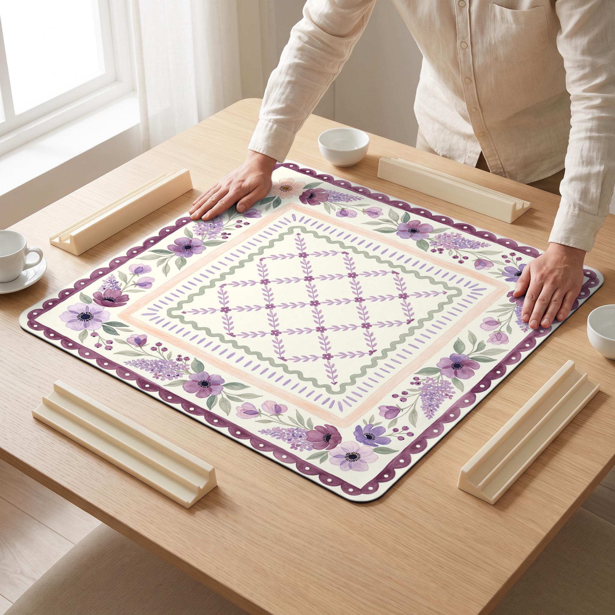 Lilac Scallop Mahjong Mat — hands unrolling