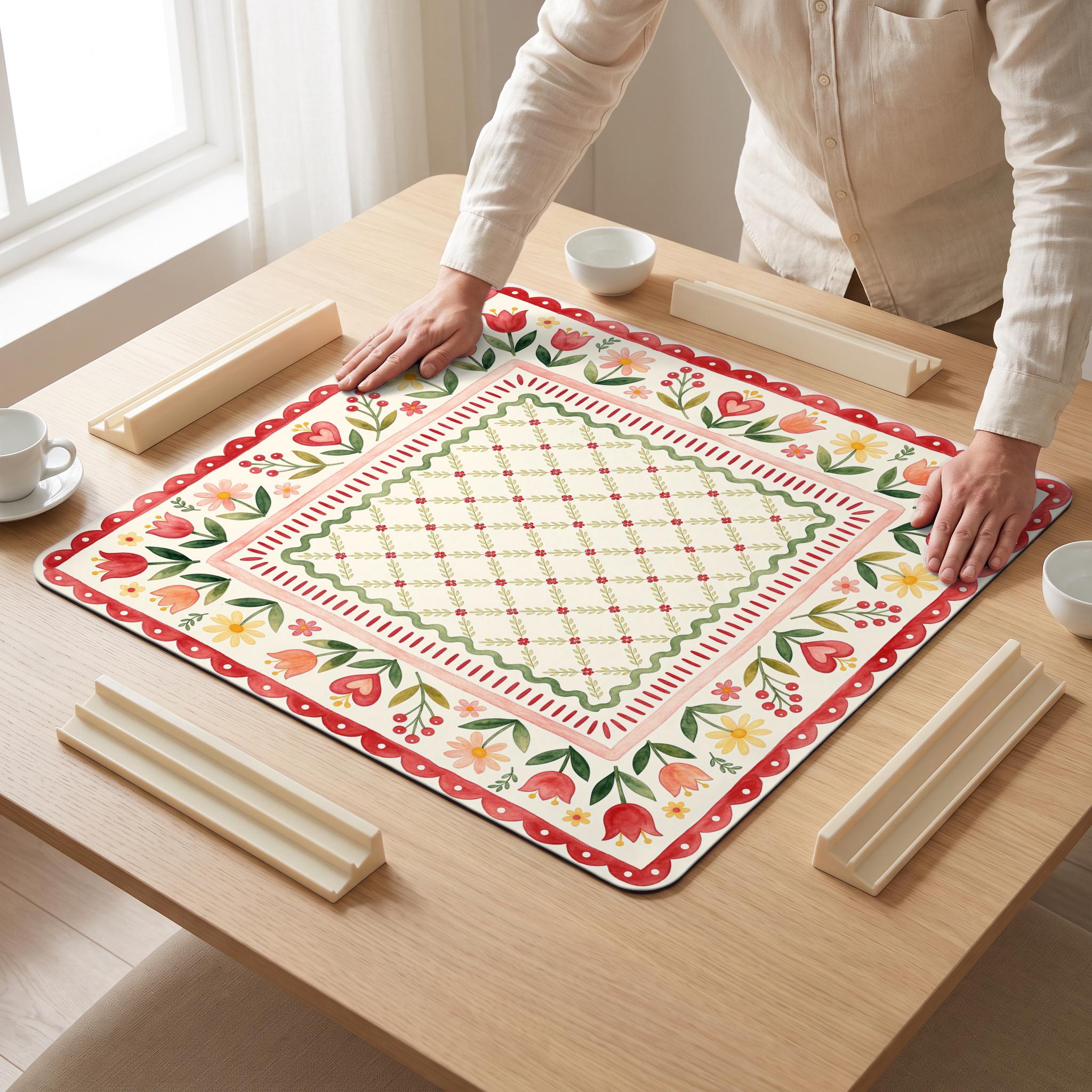 Tulip Heart Folk Mahjong Mat — hands unrolling