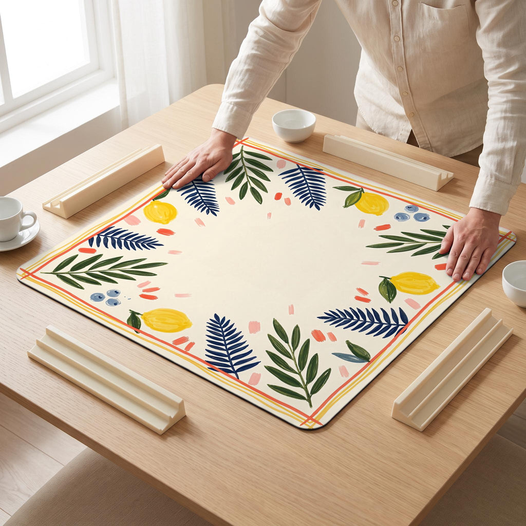 Lemon Fern Mahjong Mat — hands unrolling