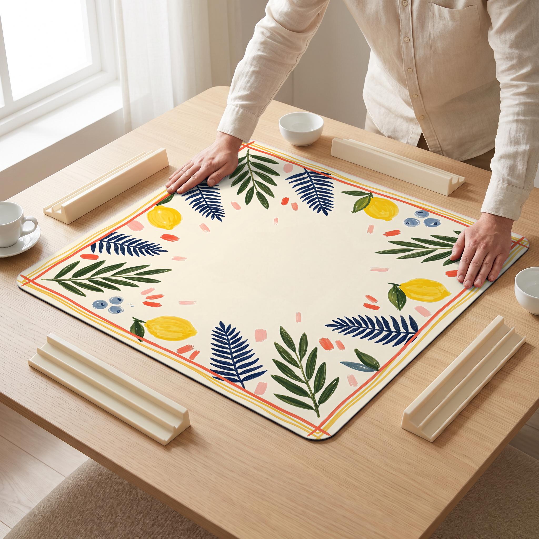 Lemon Fern Mahjong Mat — hands unrolling