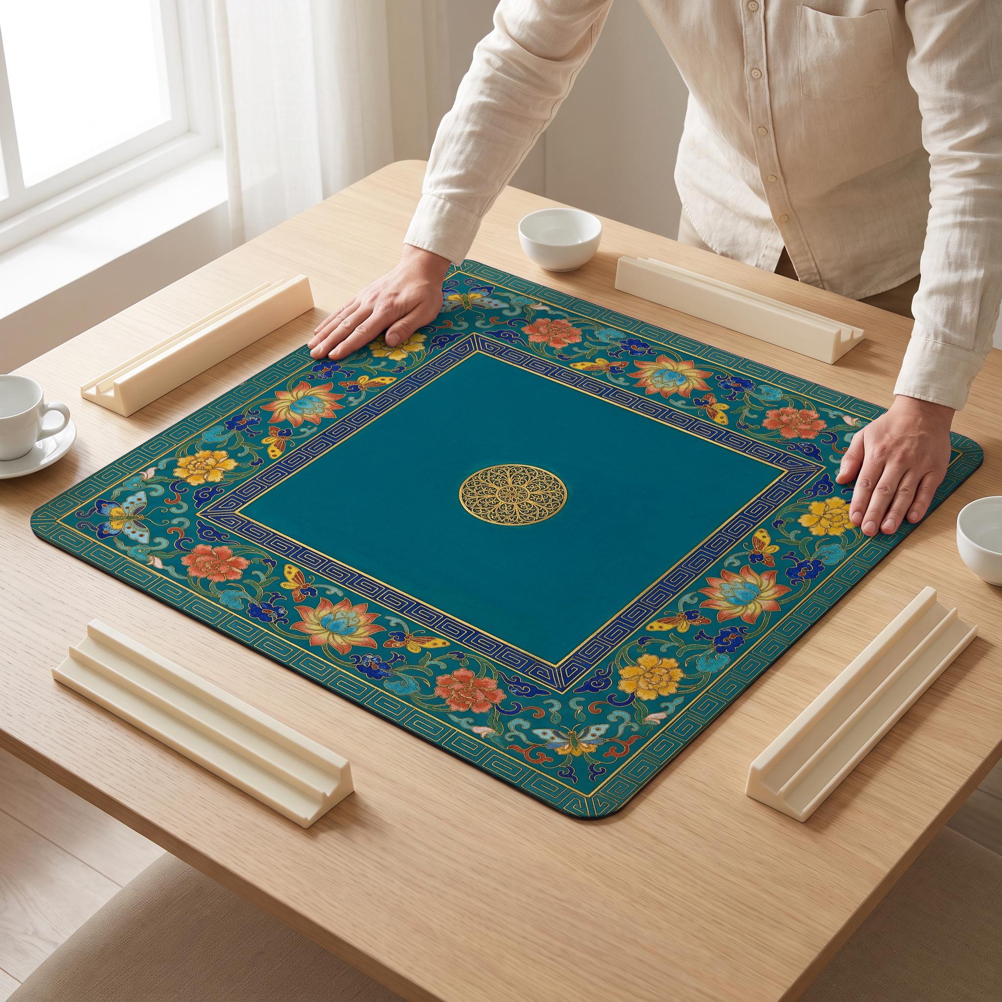 Cloisonne Lotus Mahjong Mat — hands unrolling