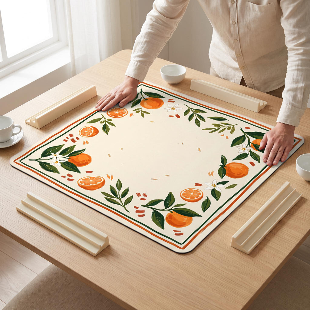 Orange Grove Mahjong Mat — hands unrolling