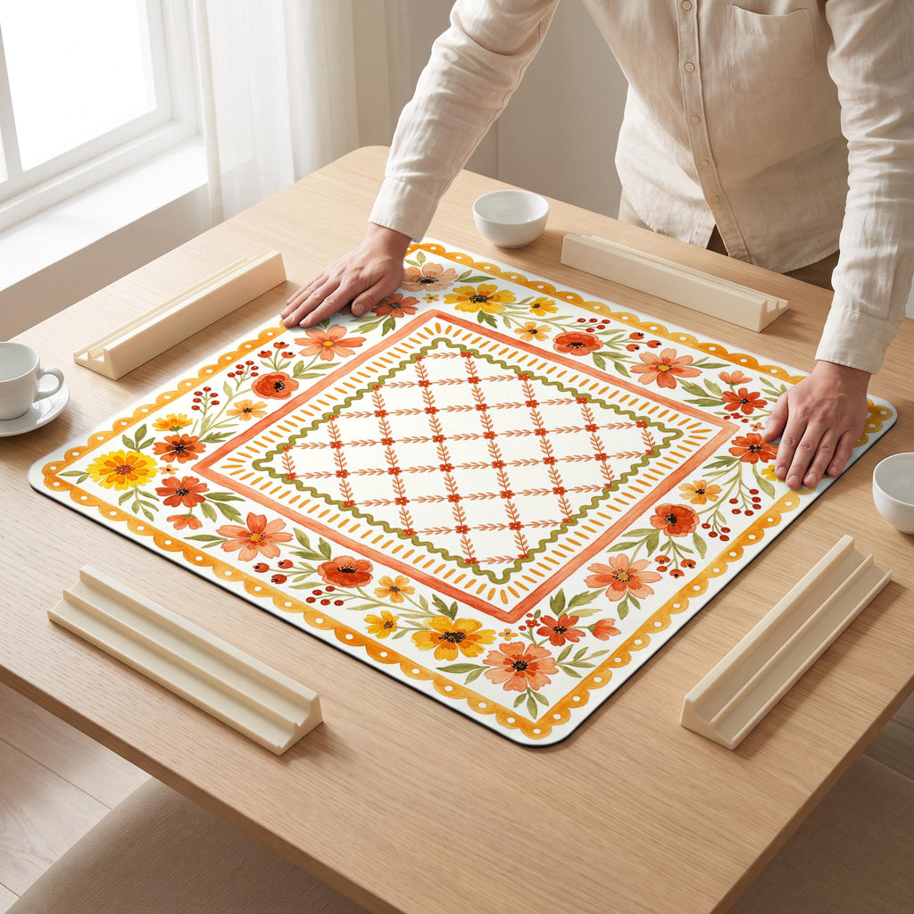 Marigold Folk Mahjong Mat — hands unrolling