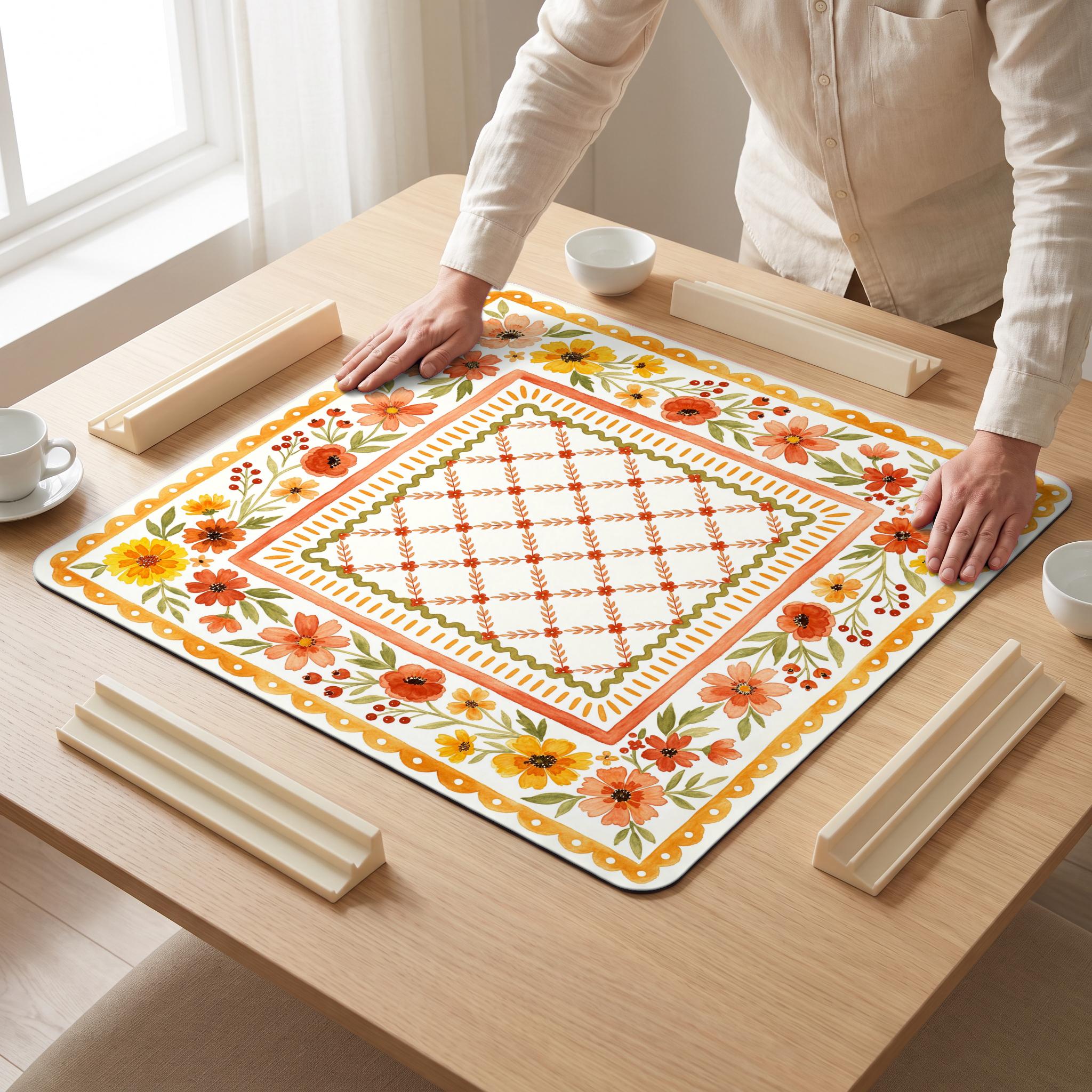 Marigold Folk Mahjong Mat — hands unrolling