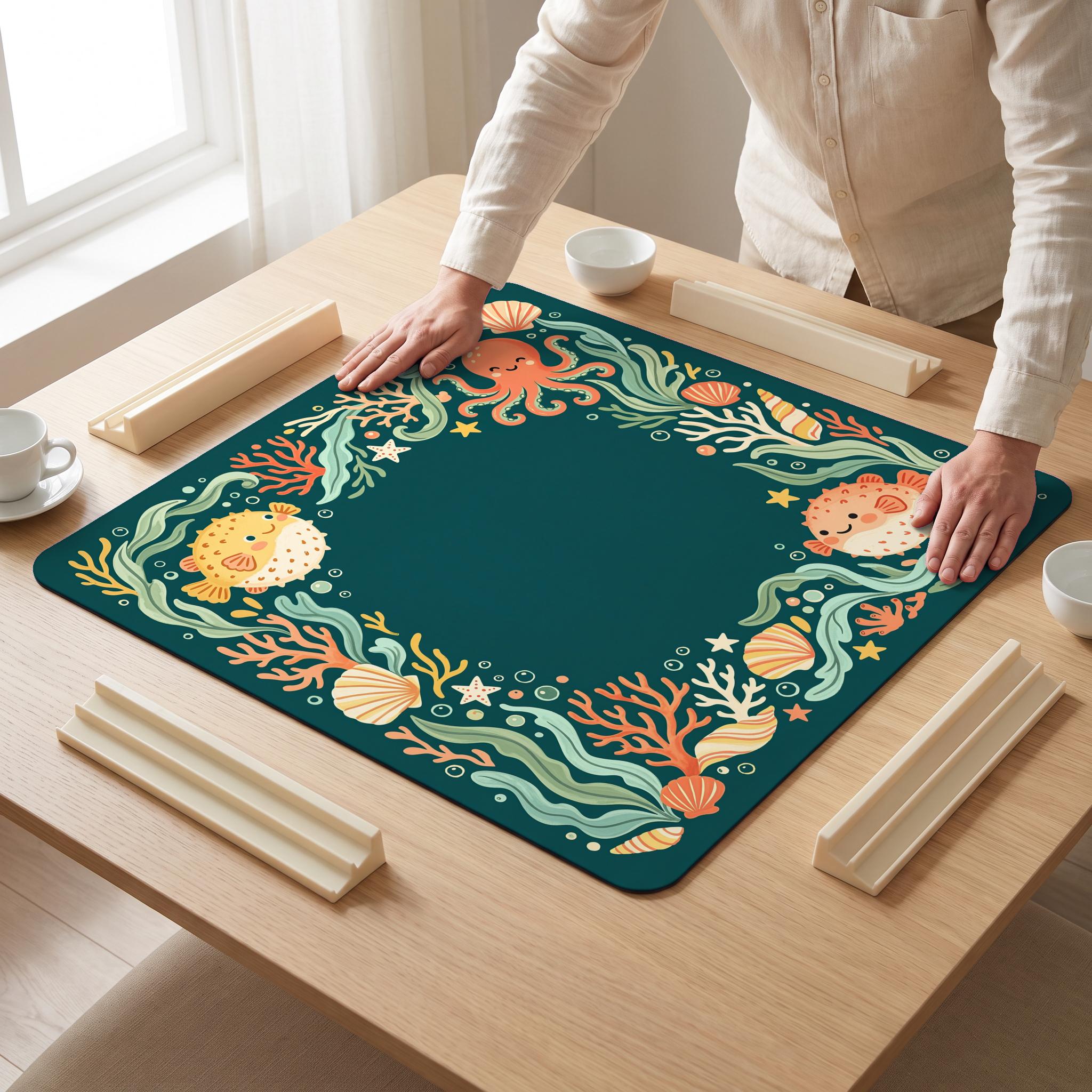 Reef Friends Mahjong Mat — hands unrolling
