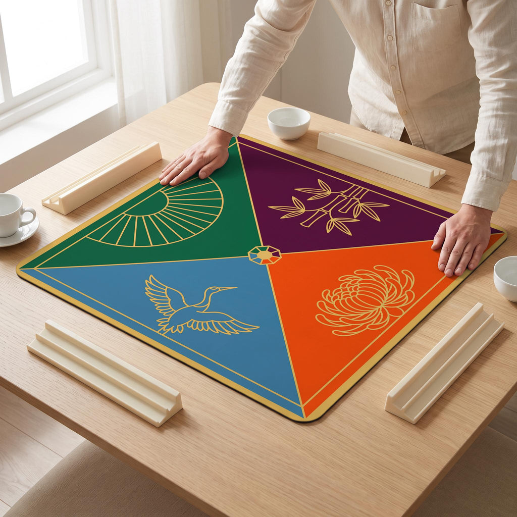Deco Fan Quarters Mahjong Mat — hands unrolling