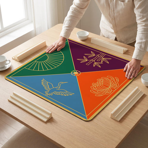 Deco Fan Quarters Mahjong Mat — hands unrolling