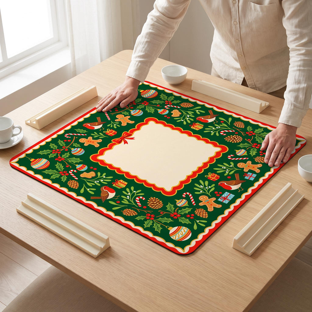 Gingerbread Holly Mahjong Mat — hands unrolling