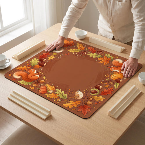 Autumn Squirrel Mahjong Mat — hands unrolling