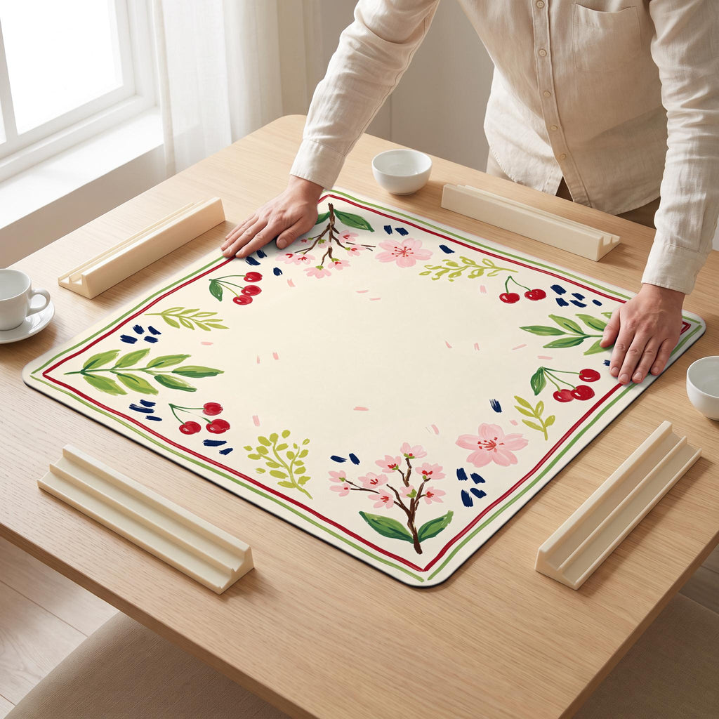 Cherry Blossom Mahjong Mat — hands unrolling