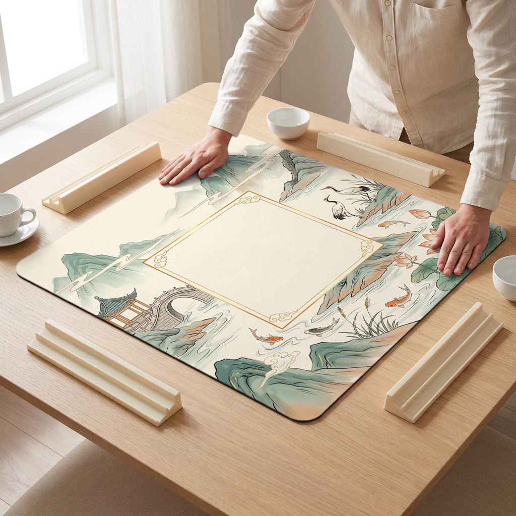 Ink Landscape Mahjong Mat — hands unrolling