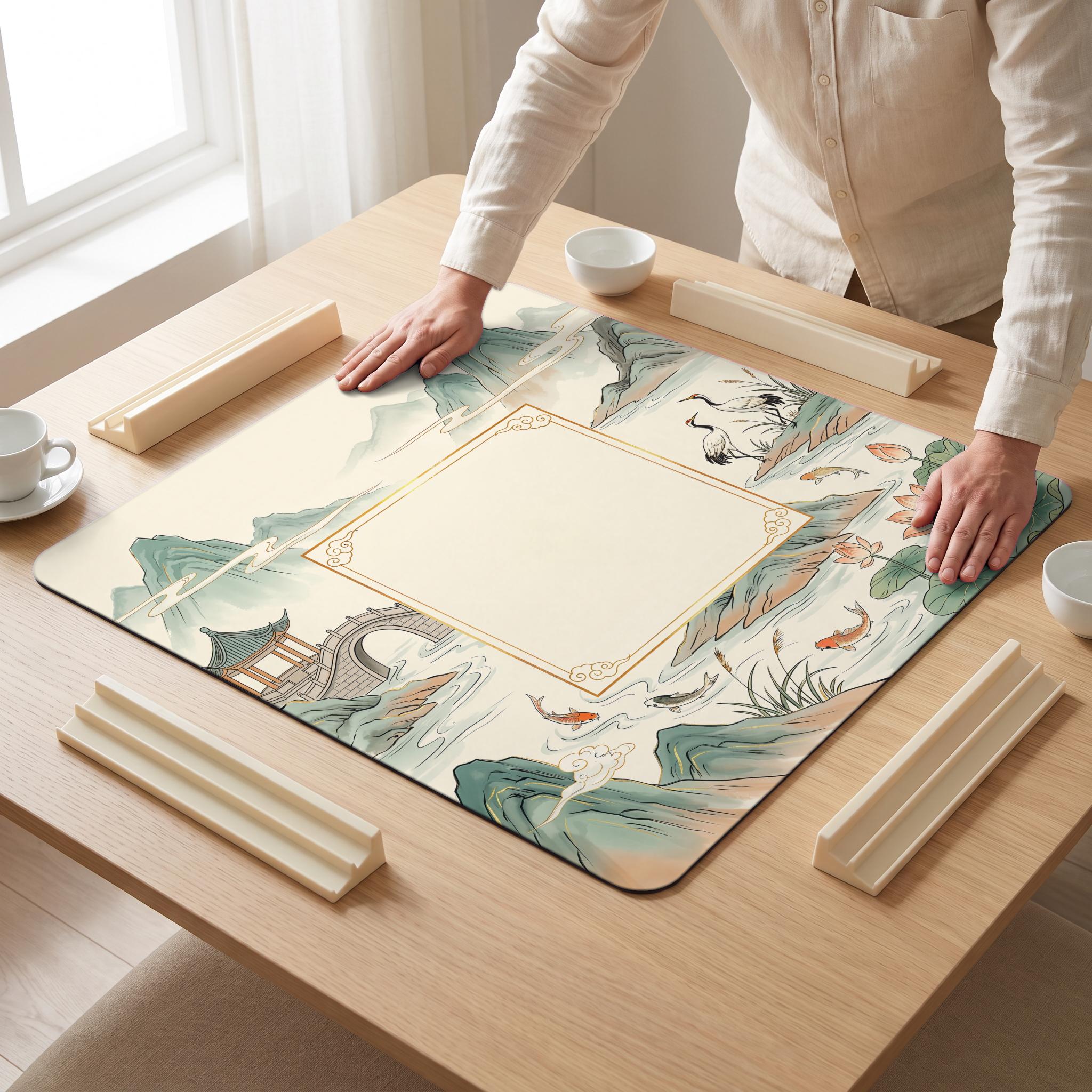 Ink Landscape Mahjong Mat — hands unrolling