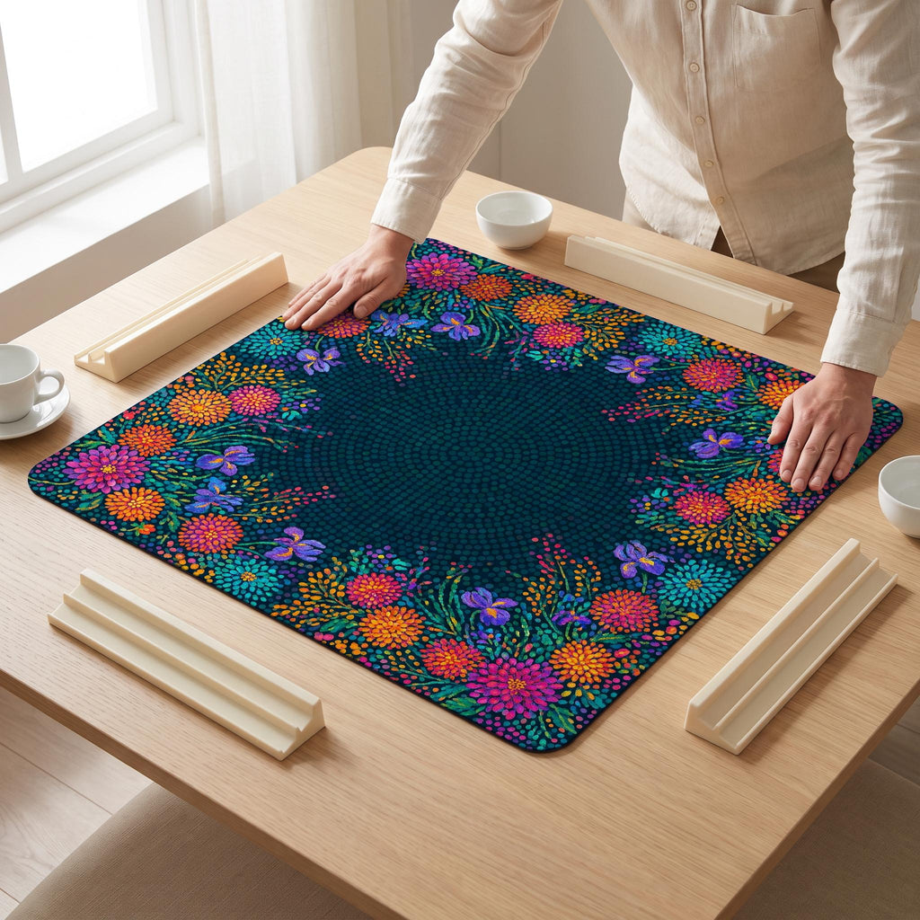 Pointillist Midnight Mahjong Mat — hands unrolling