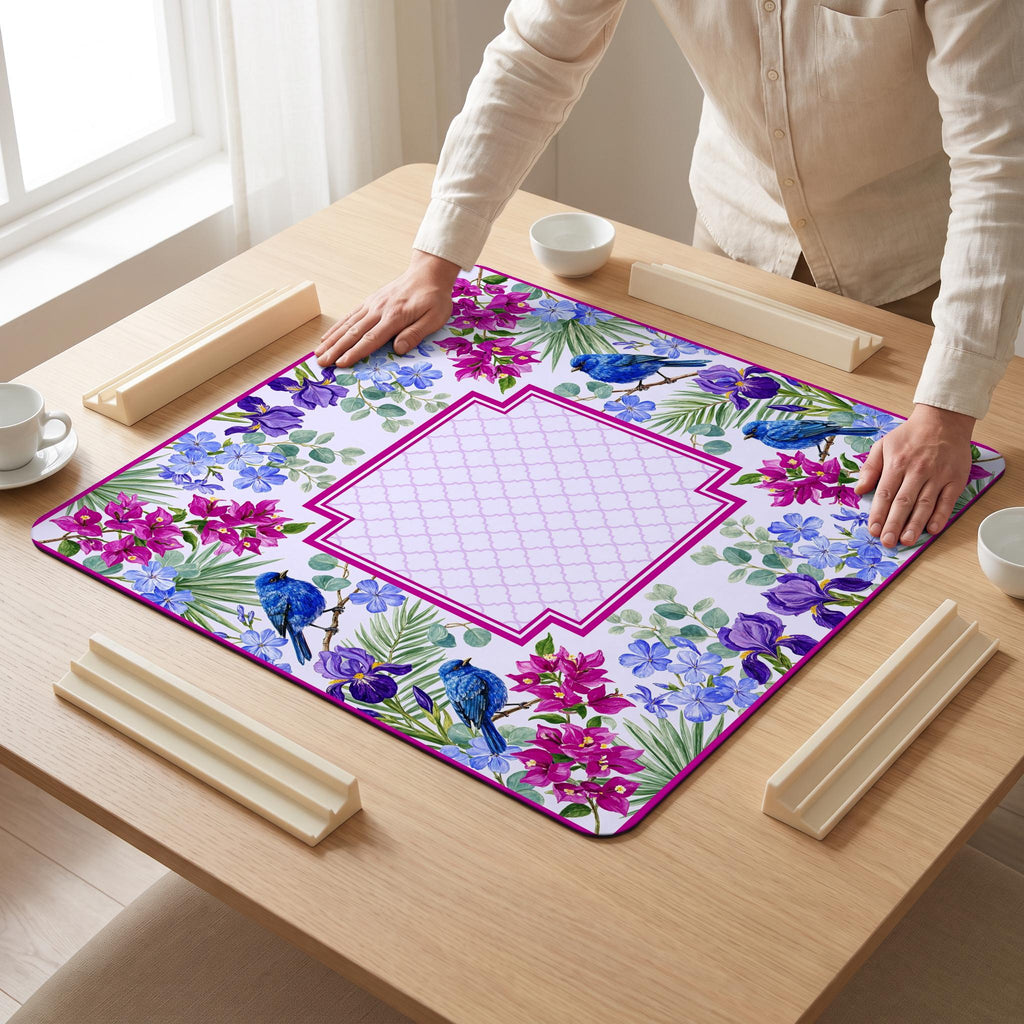 Iris Bluebird Mahjong Mat — hands unrolling