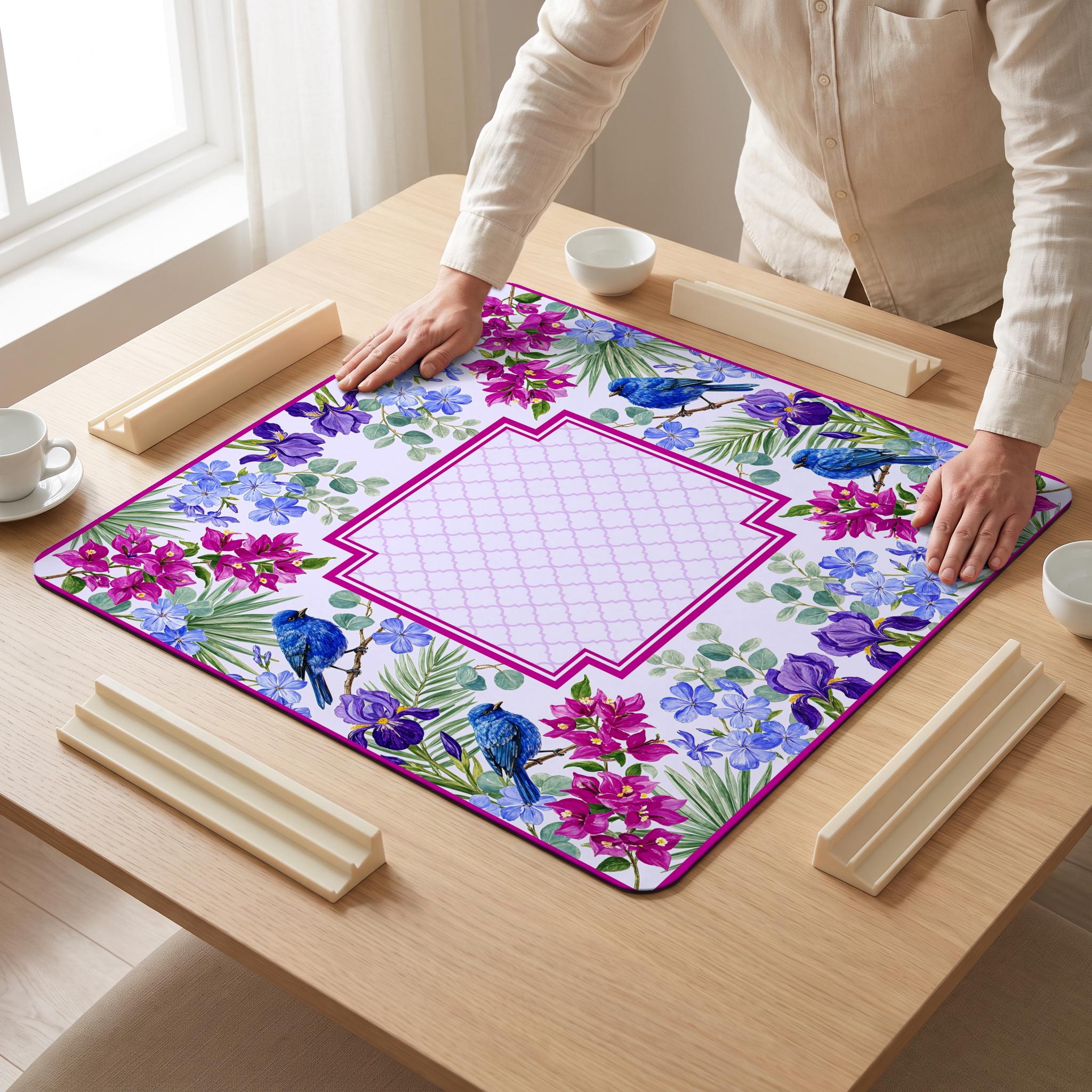 Iris Bluebird Mahjong Mat — hands unrolling