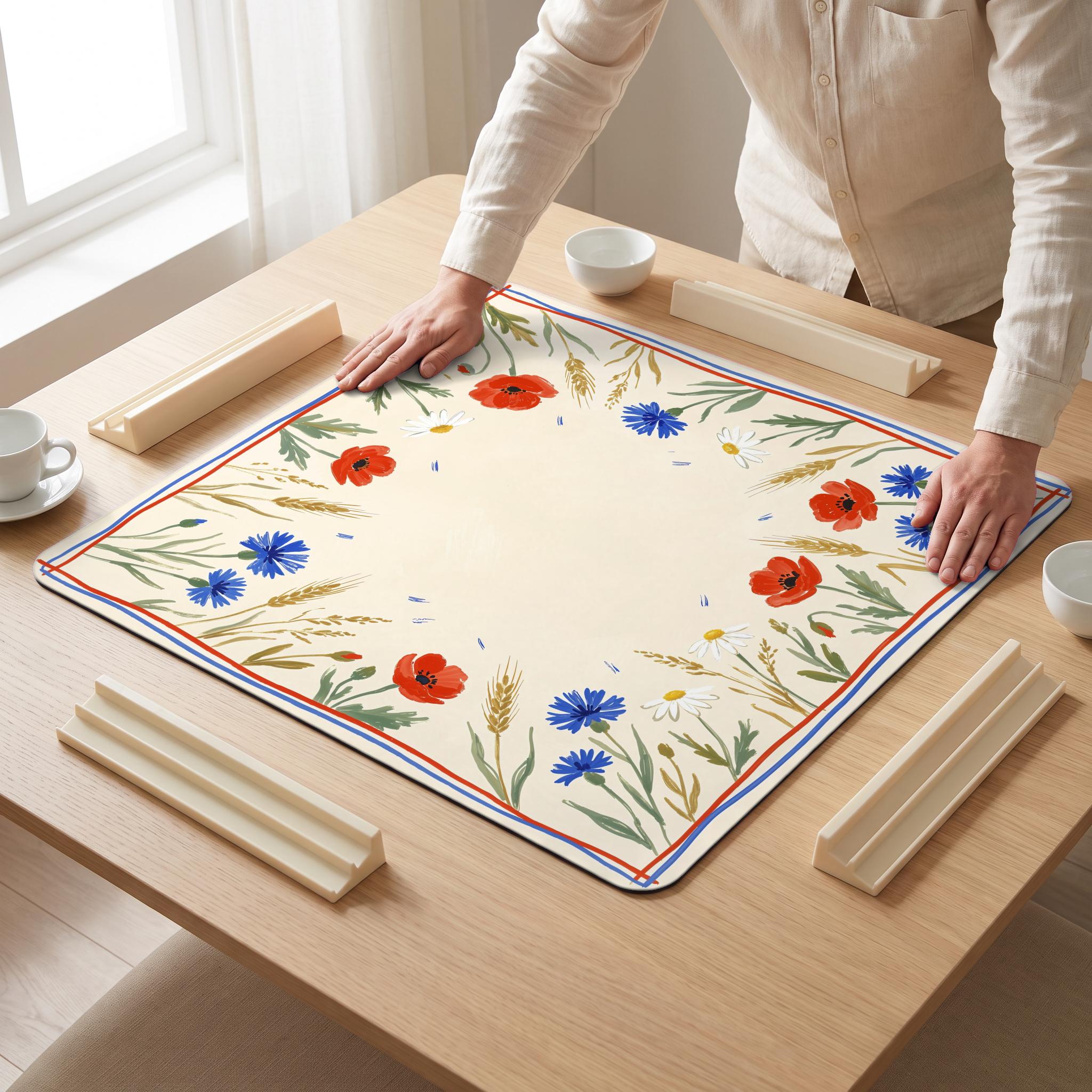 Poppy Meadow Mahjong Mat — hands unrolling