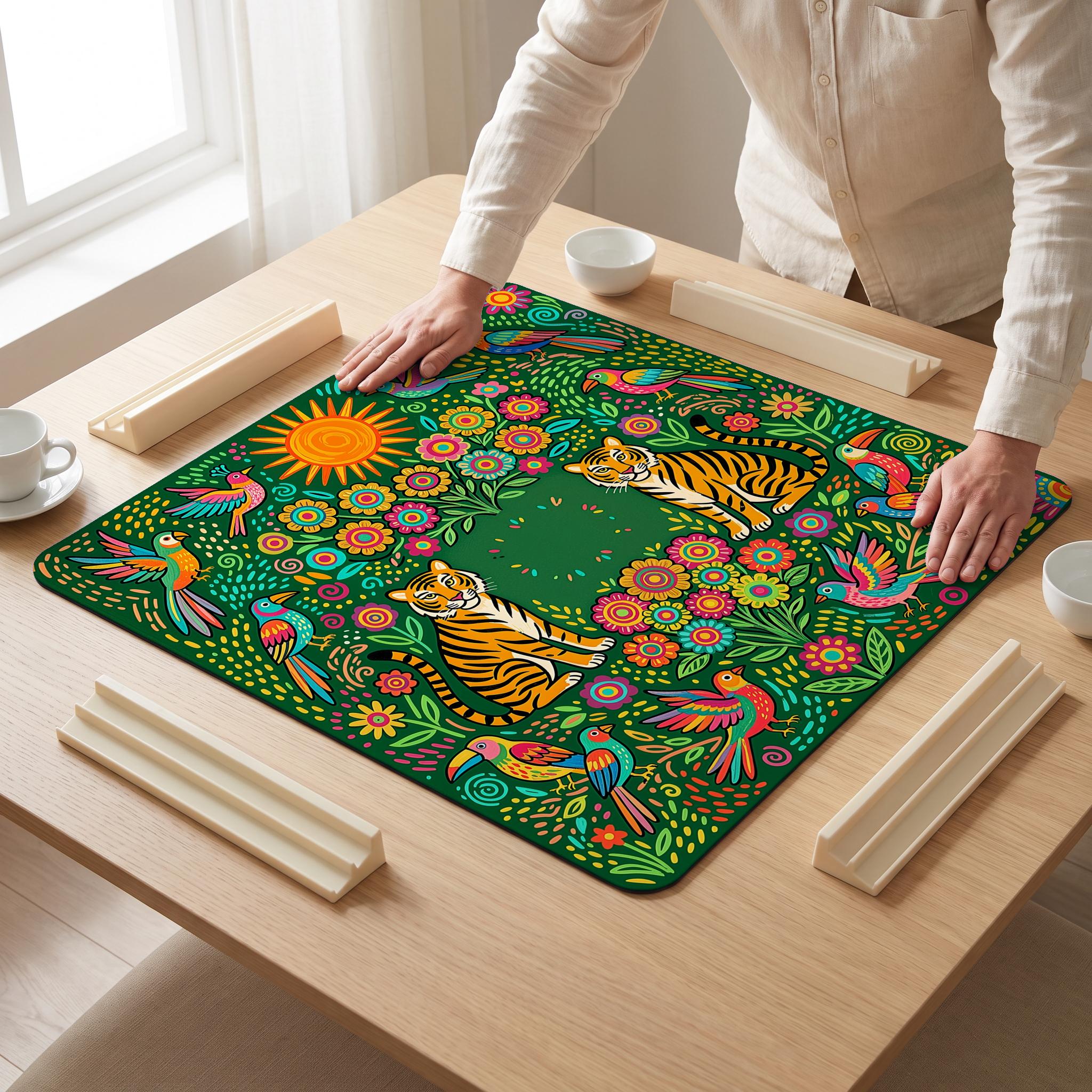 Folk Tigers Mahjong Mat — hands unrolling