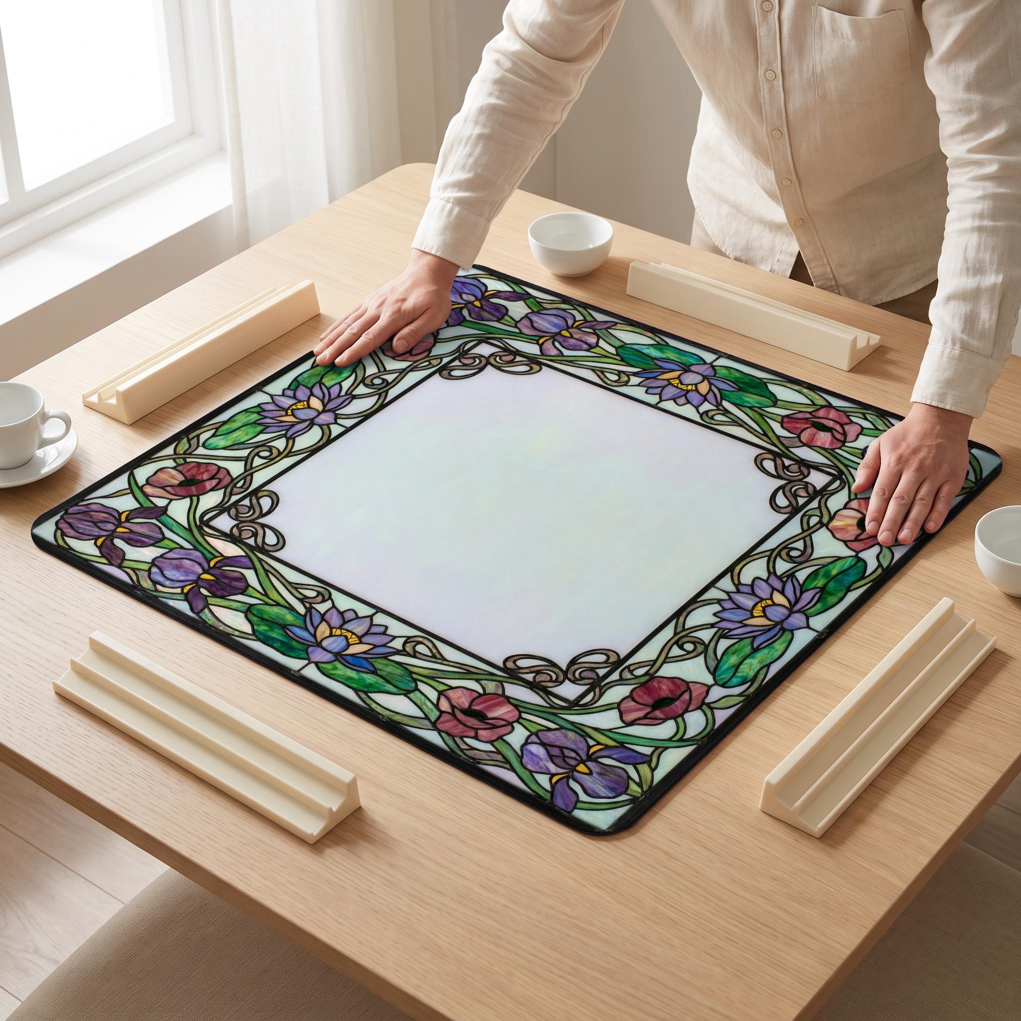 Nouveau Glass Mahjong Mat — hands unrolling