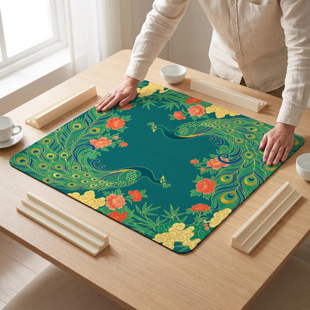 Peacock Teal Mahjong Mat — hands unrolling