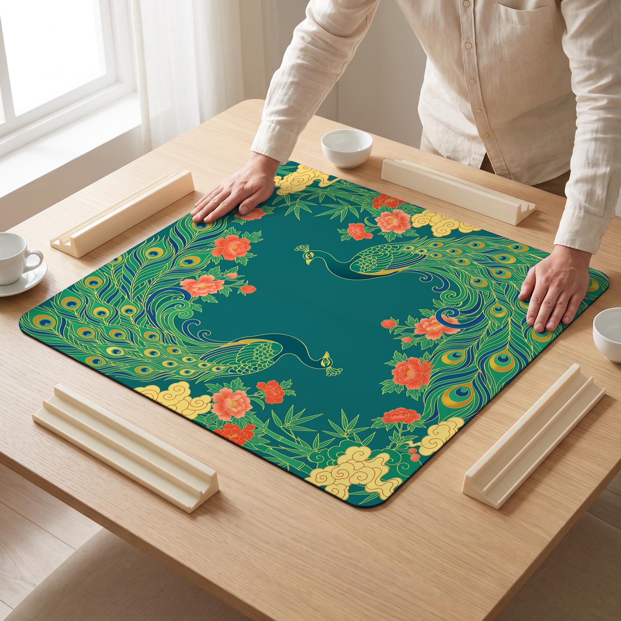 Peacock Teal Mahjong Mat — hands unrolling