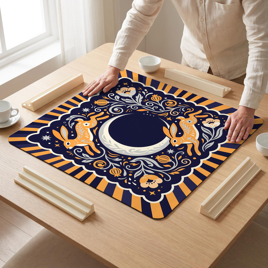 Moon Hares Mahjong Mat — hands unrolling
