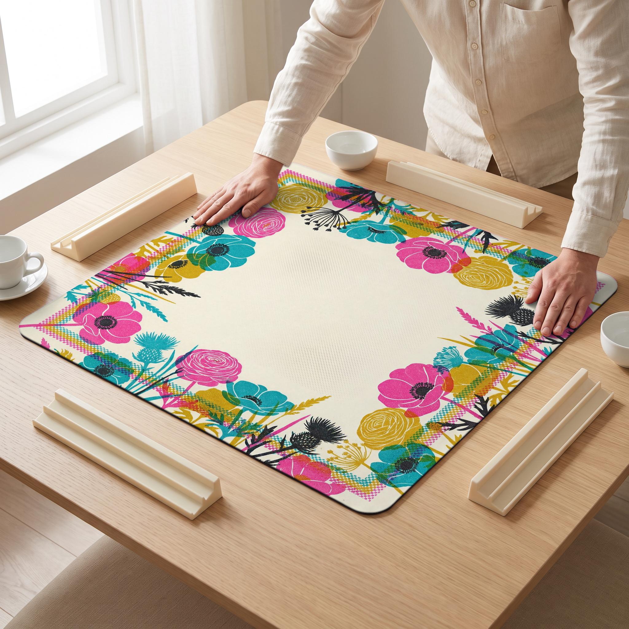 Riso Anemone Mahjong Mat — hands unrolling