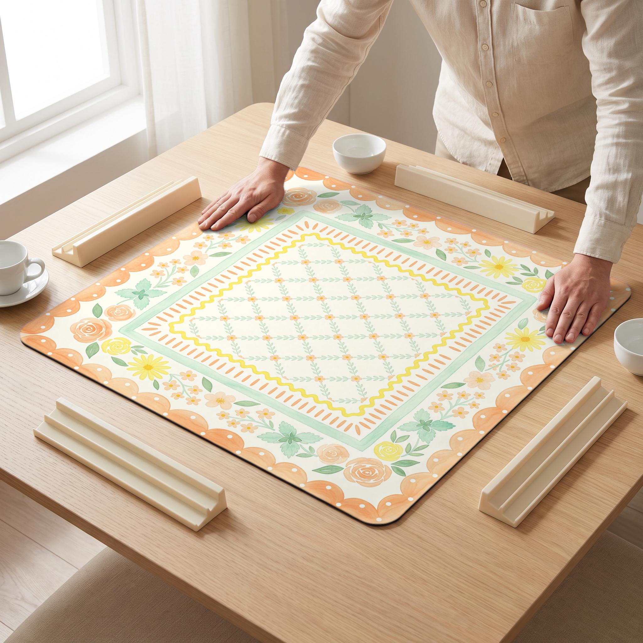 Peach Posy Mahjong Mat — hands unrolling
