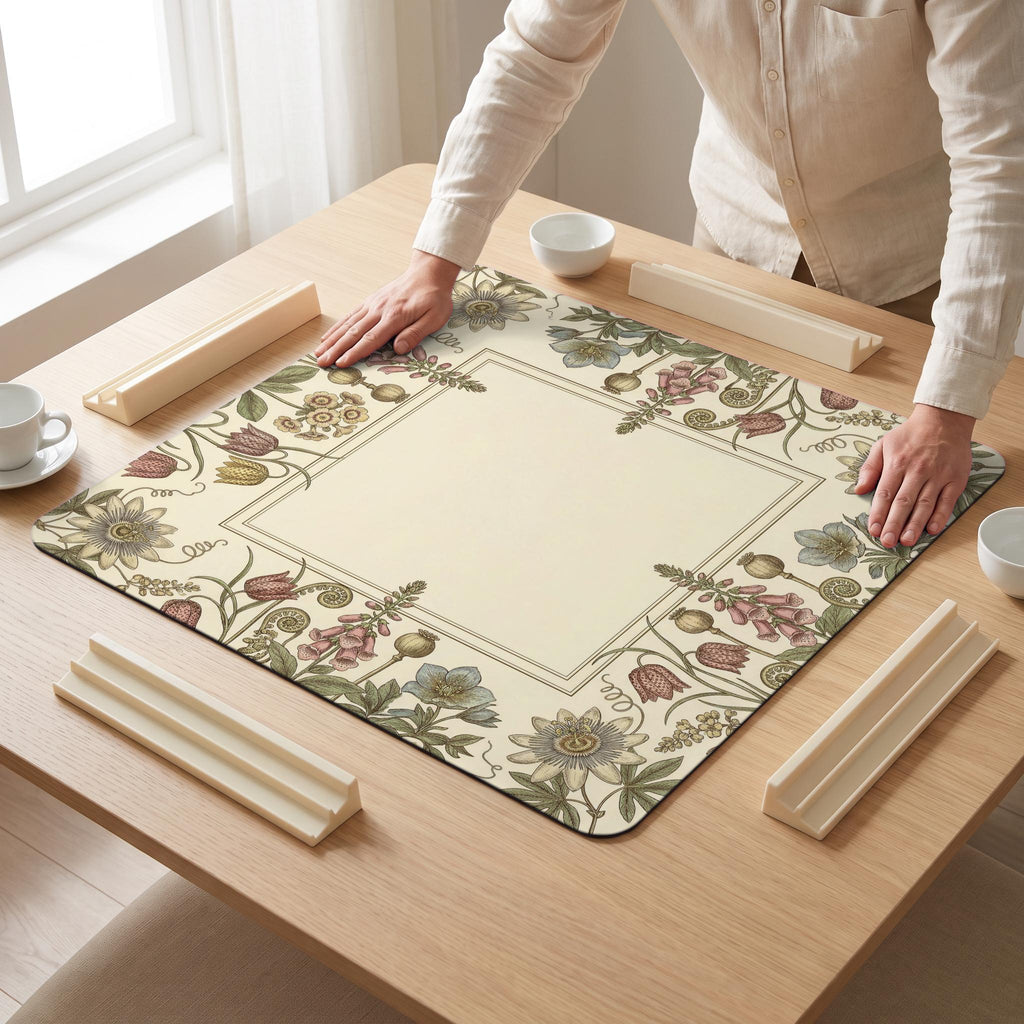 Herbarium Plate Mahjong Mat — hands unrolling