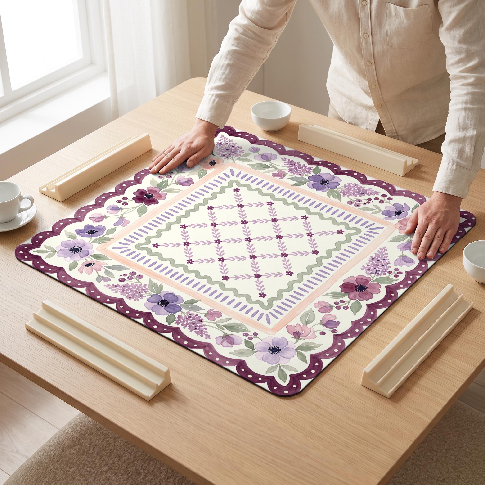 Plum Anemone Mahjong Mat — hands unrolling