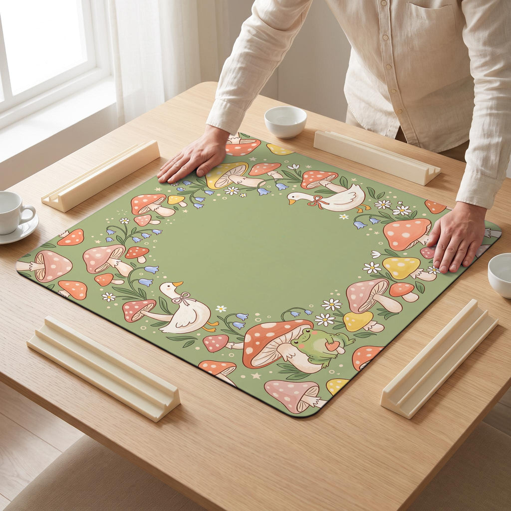 Mushroom Geese Mahjong Mat — hands unrolling