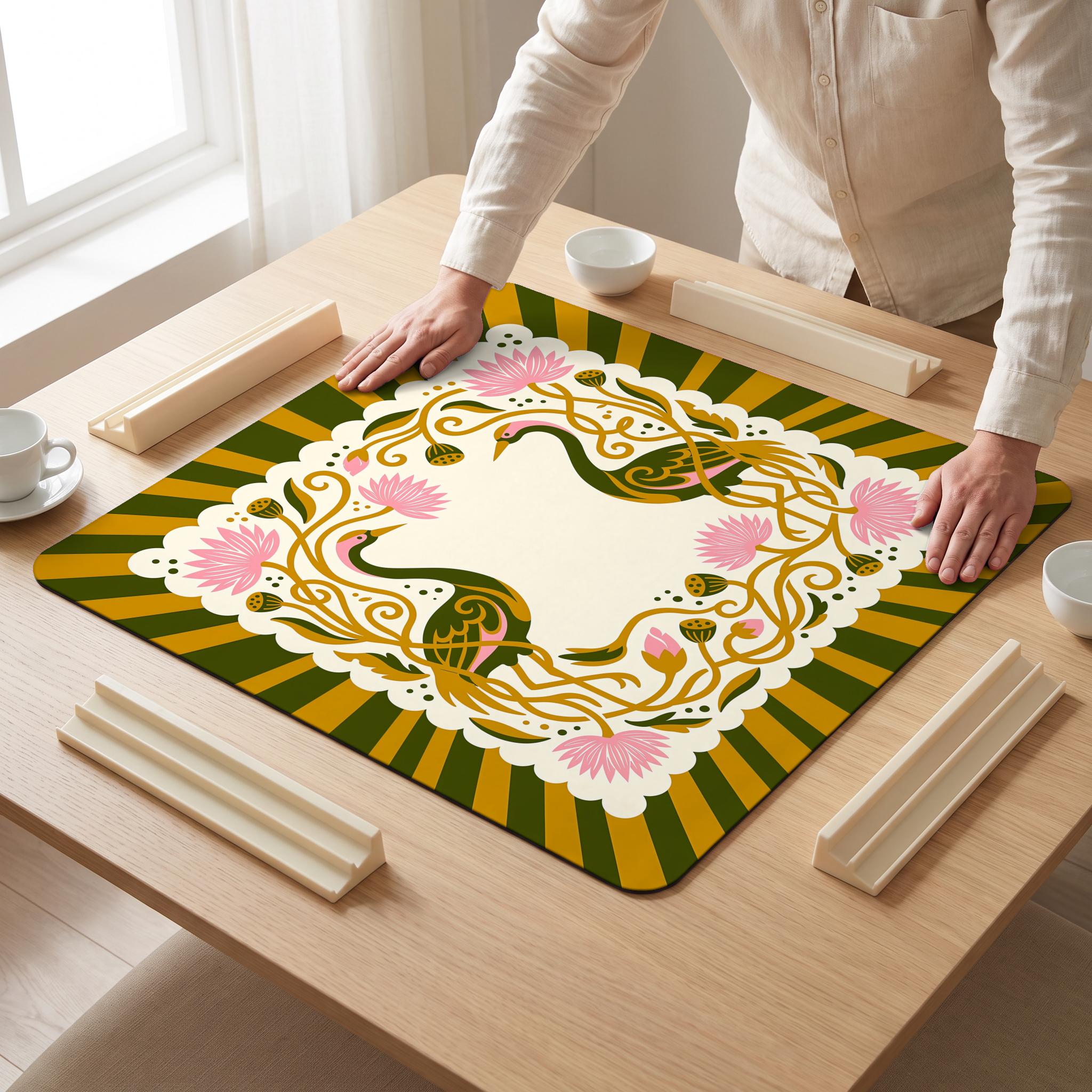 Crane Lotus Mahjong Mat — hands unrolling