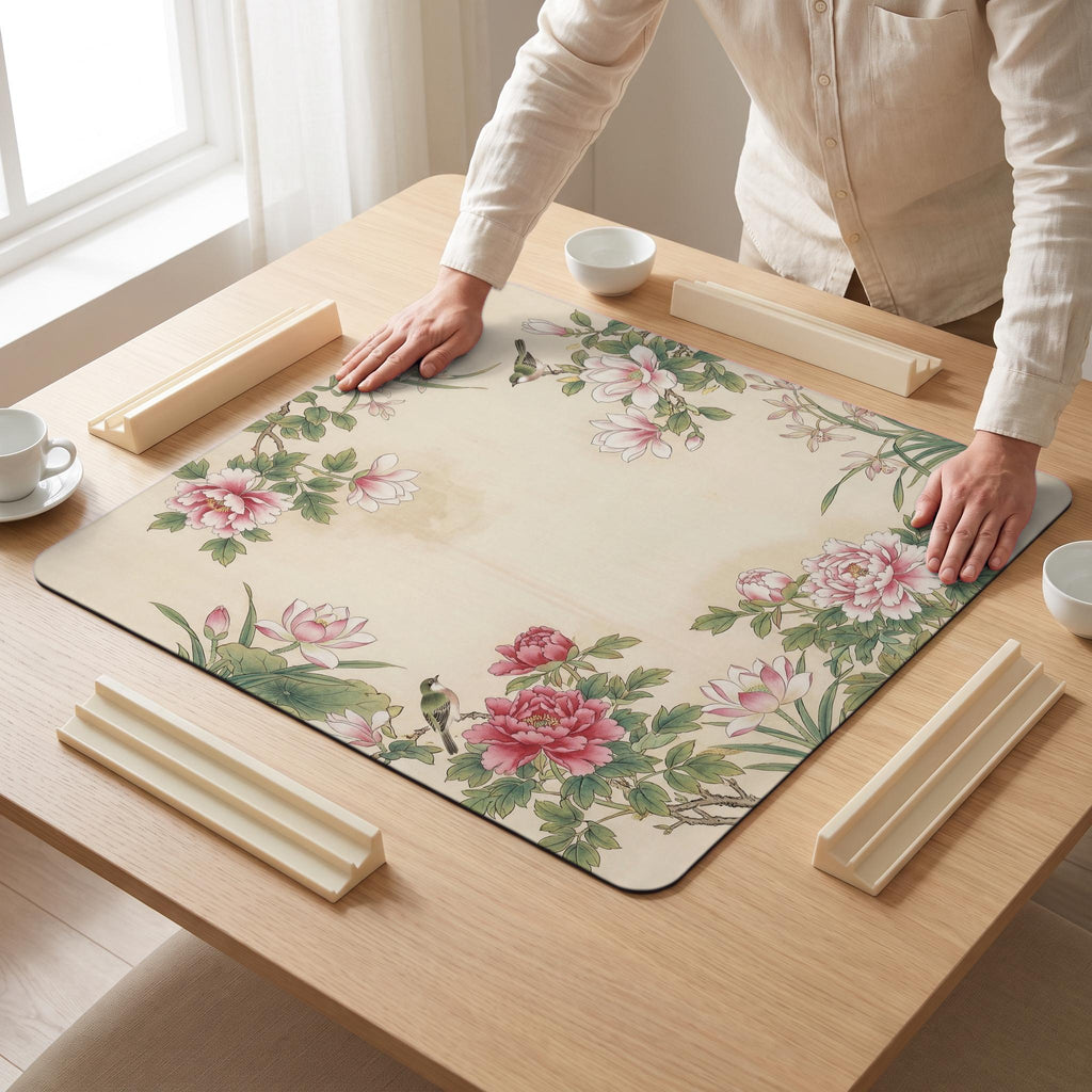 Gongbi Silk Mahjong Mat — hands unrolling