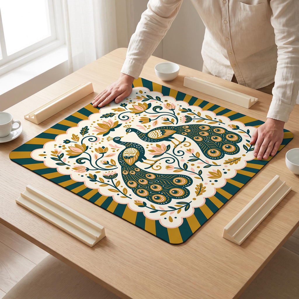 Twin Peacocks Mahjong Mat — hands unrolling