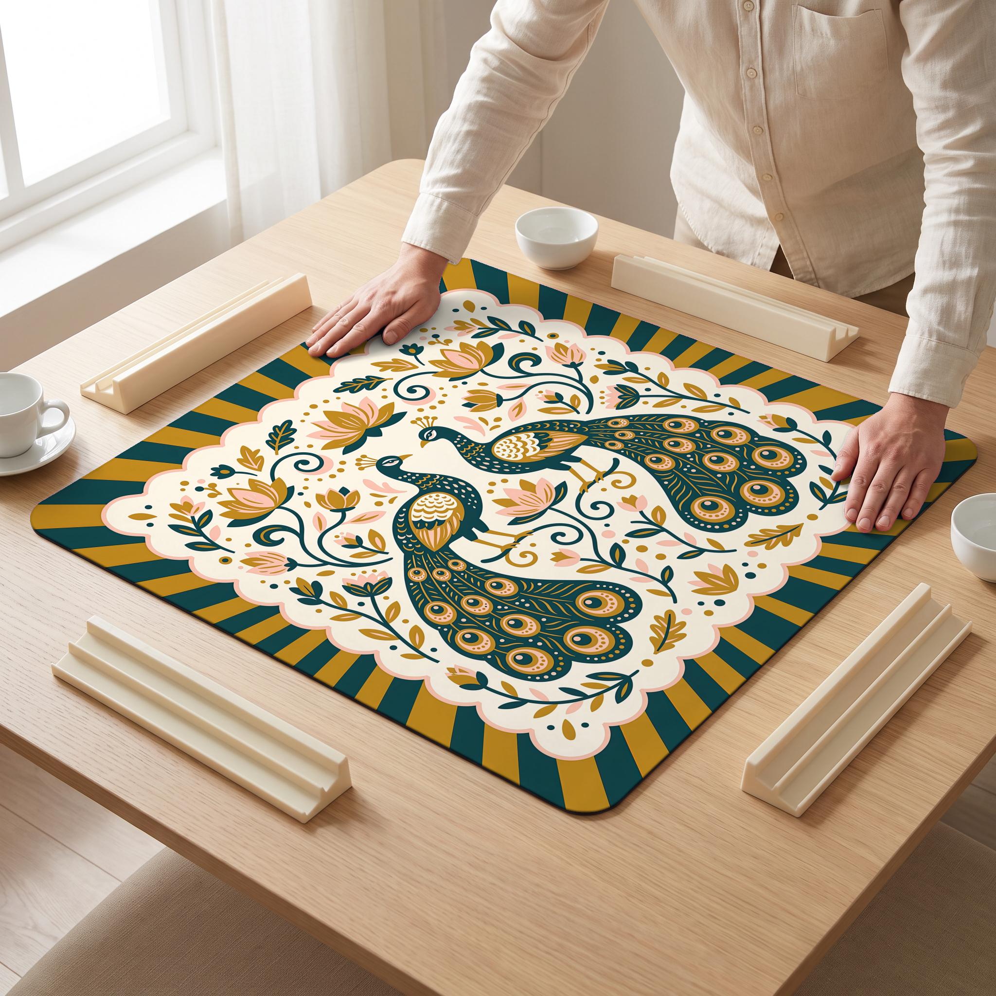 Twin Peacocks Mahjong Mat — hands unrolling