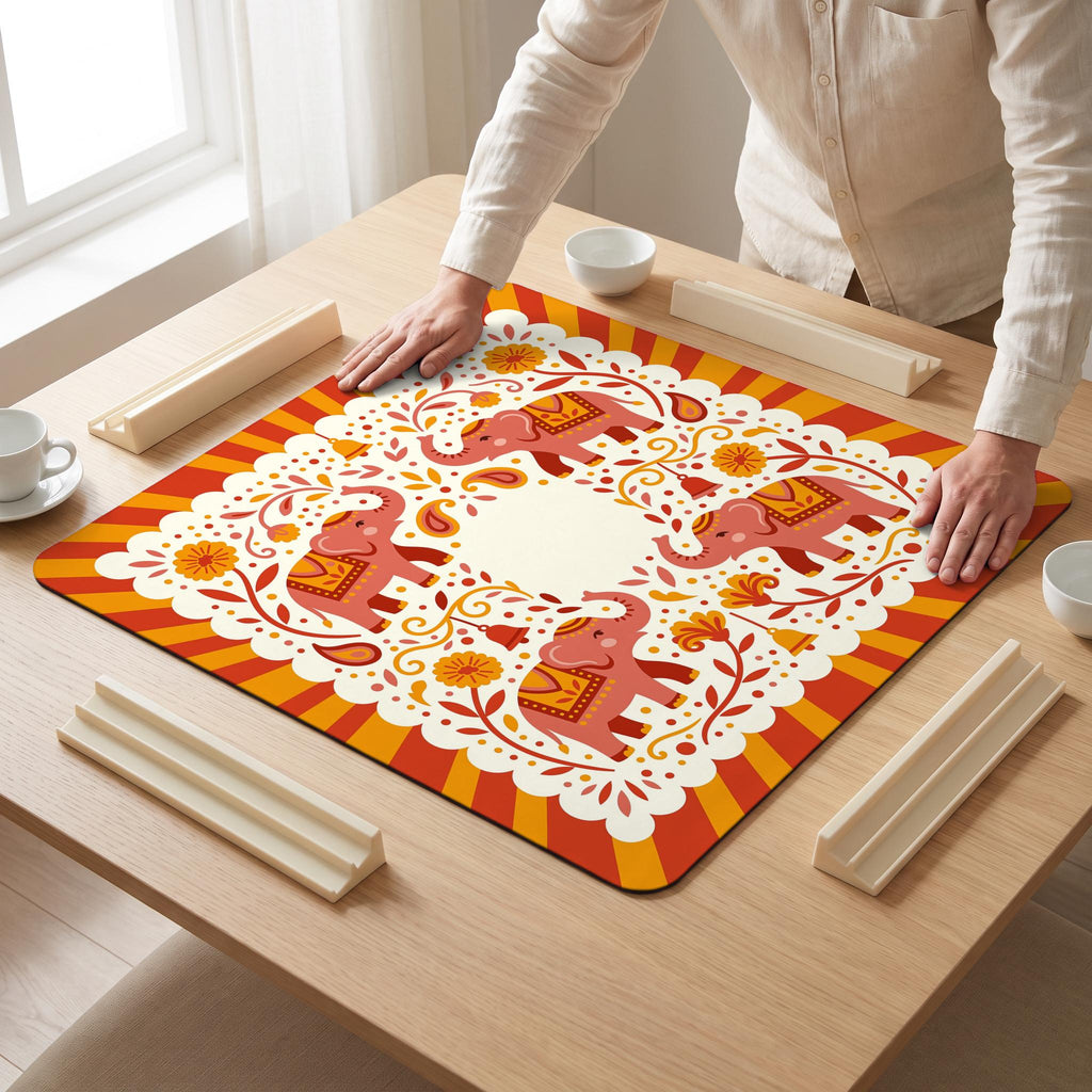Elephant Parade Mahjong Mat — hands unrolling