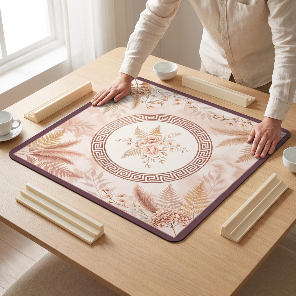 Blush Pampas Mahjong Mat — hands unrolling