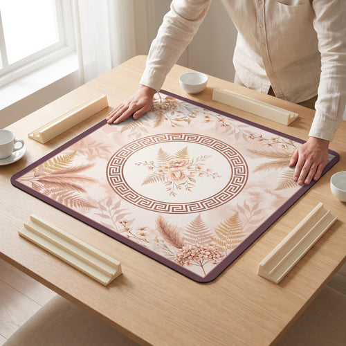 Blush Pampas Mahjong Mat — hands unrolling
