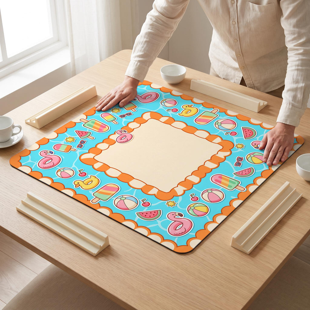 Pool Party Mahjong Mat — hands unrolling