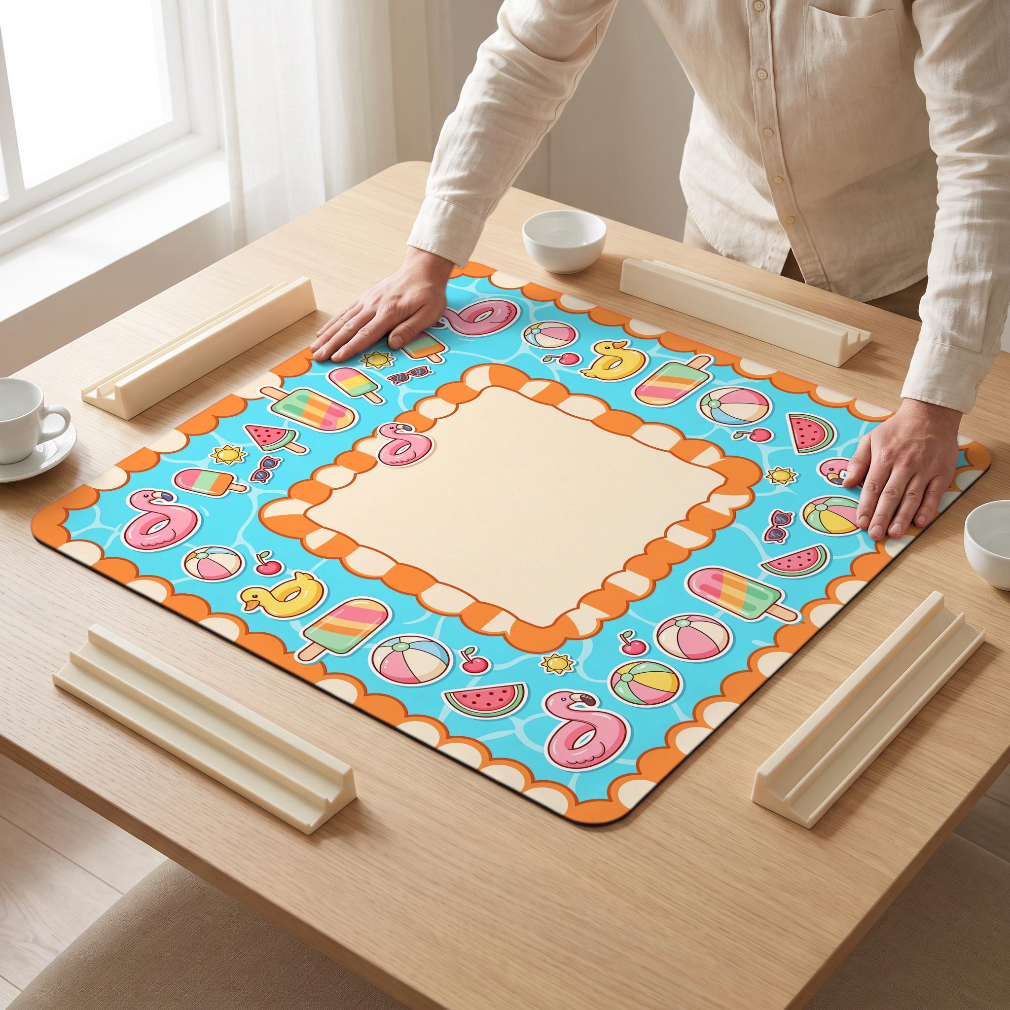 Pool Party Mahjong Mat — hands unrolling