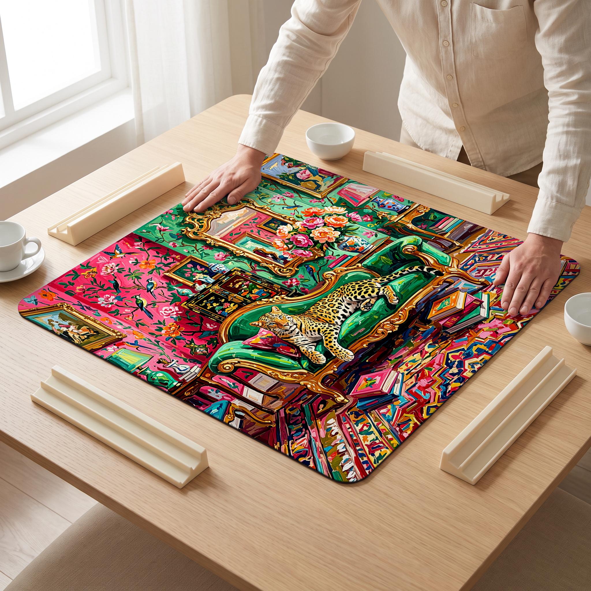 Leopard Lounge Mahjong Mat — hands unrolling