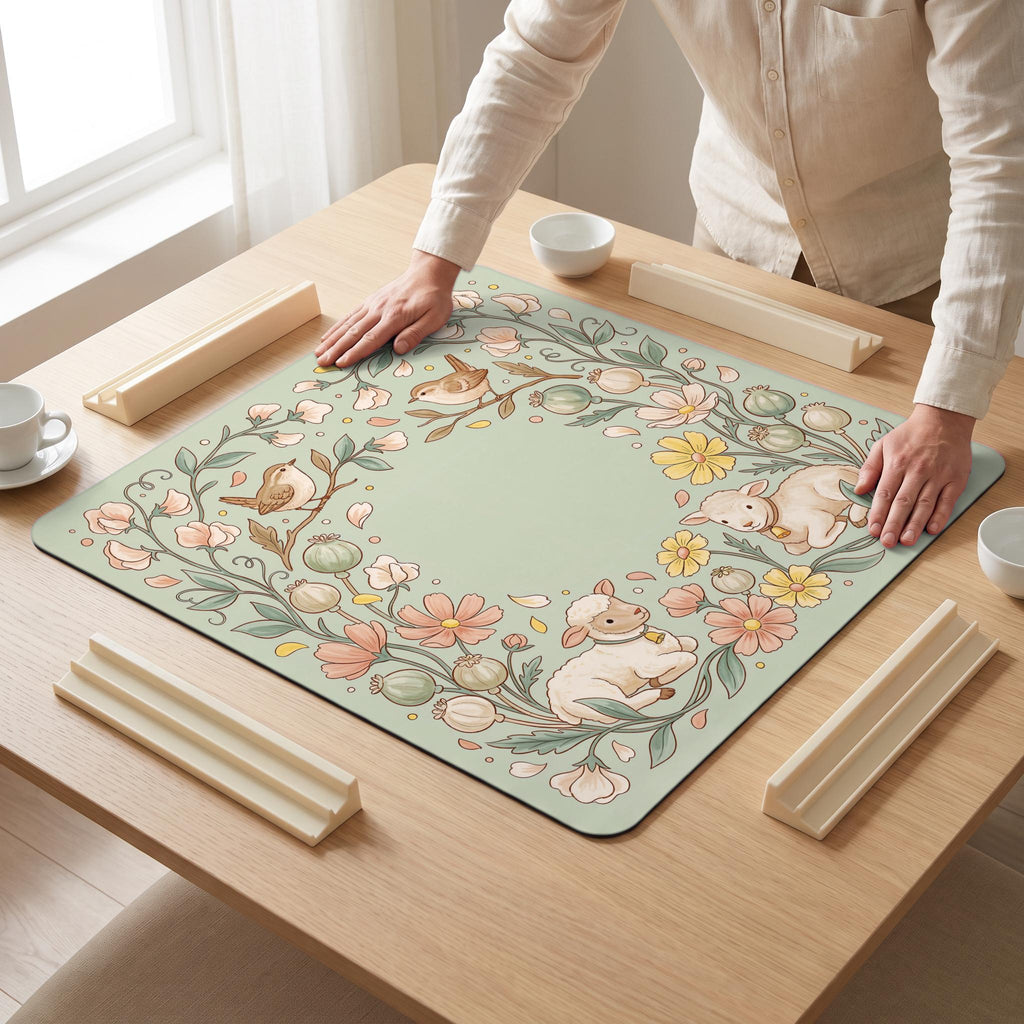 Lamb Poppy Mahjong Mat — hands unrolling